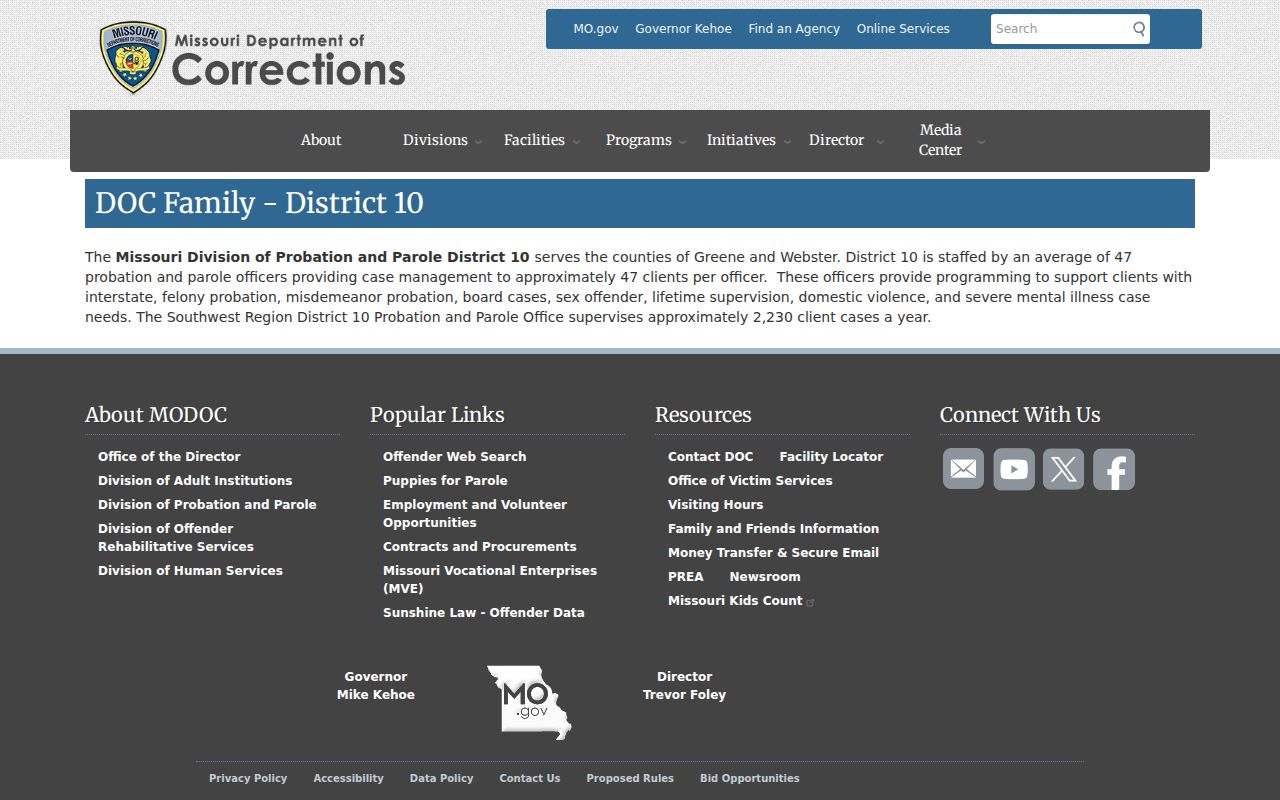Webster County sex offender registry and District 10 supervision information