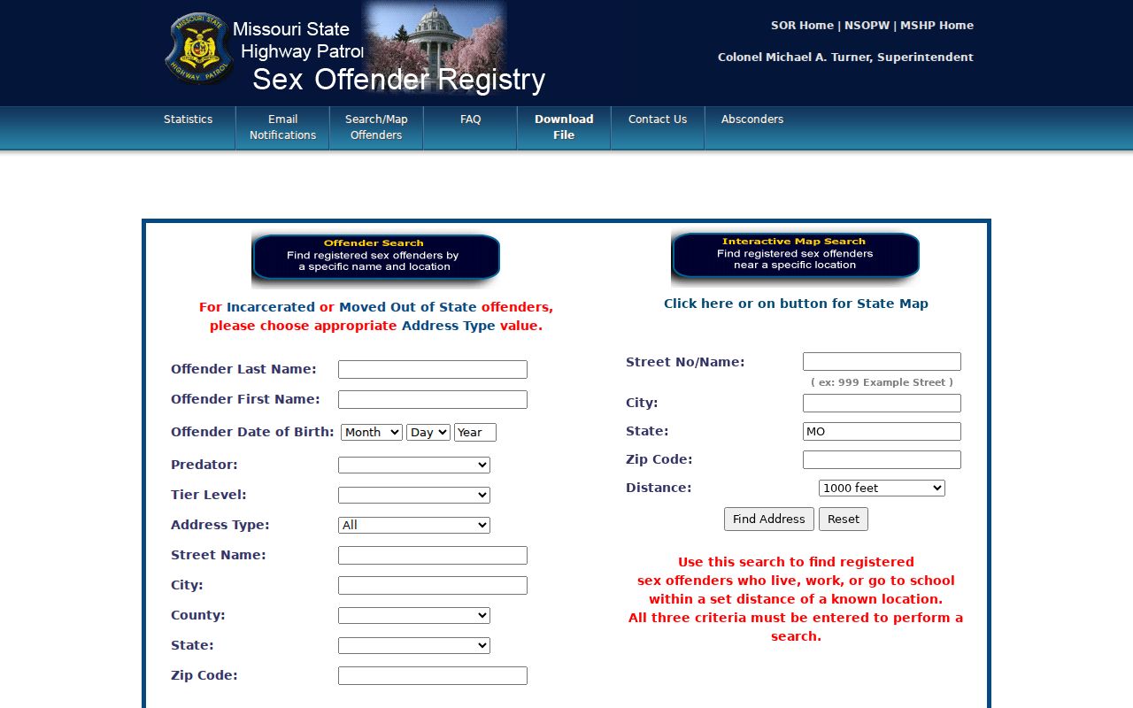 Webster County sex offender search form on Missouri registry