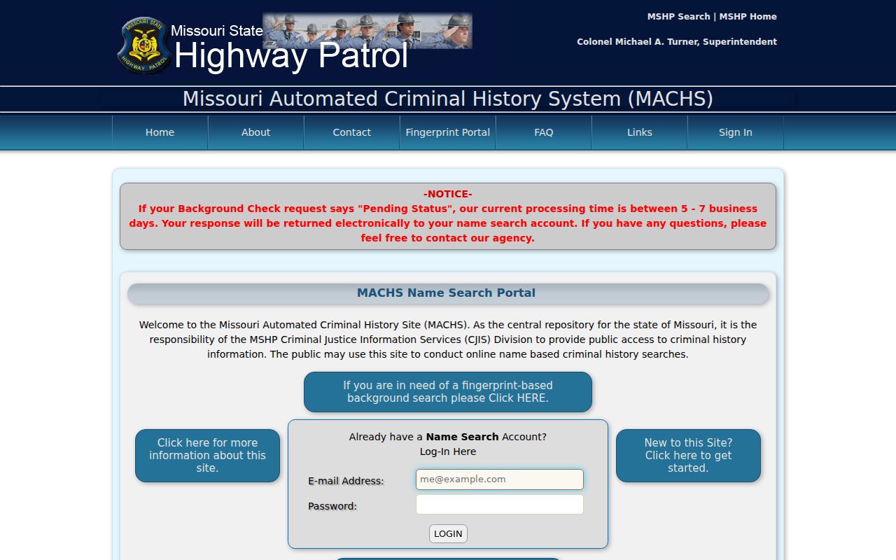 Webster County criminal history search through the Missouri MACHS name portal